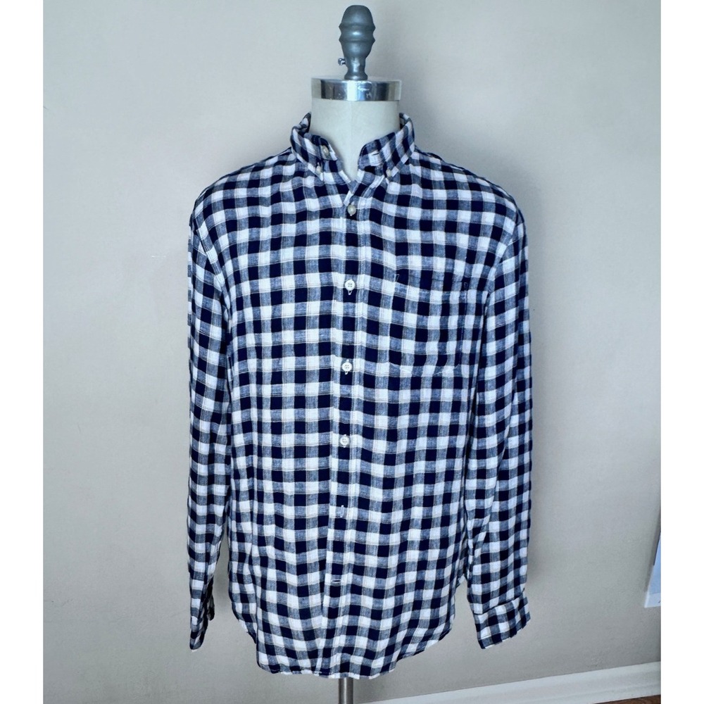 Banana Republic Button Up Shirt Mens M Camden Fit Blue‎ Plaid 100% Linen